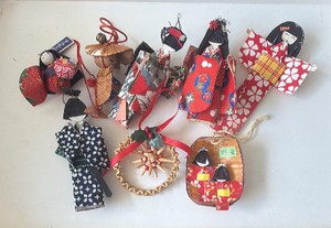 Vintage Handcrafted Japanese-Style Fabric Dolls & Folk Art Ornaments Lot