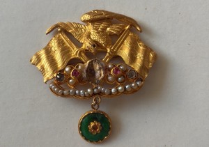 Antique Chinese Export Gold-Tone Patriotic Sweetheart Brooch - Eagle, Flags & Seed Pearls