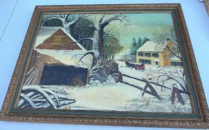 Vintage Original 1969 G.W. Mark Signed Folk Art Winter Landscape Painting