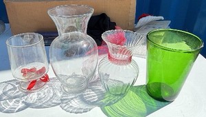 Mixed Vintage Glass Vase Lot  Clear Bud Vases & Green Glass Cylinder