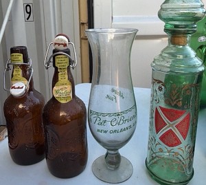 Vintage Glass Barware Lot  Grolsch Swing-Top Bottles, Pat OBriens Hurricane Glass & Decorative Decanter