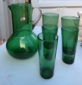 Vintage Hand-Blown Green Glass Pitcher & 5 Tumblers Set
