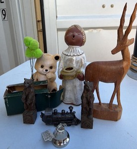 Vintage Figurine & Dcor Lot  Owl Bookends, Train, Angel, Bear, Wooden Deer & Bell