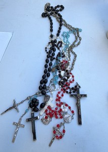 Vintage Catholic Rosary & Crucifix Jewelry Lot  Glass Beads, Medals & Crosses