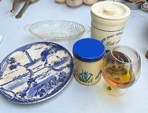 Vintage Kitchen & Souvenir Dcor Lot  Provincetown Plate, Trick Brandy Glass, Canisters & Serving Dish