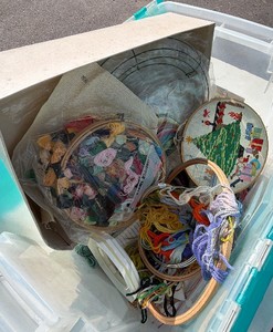 Large Vintage Embroidery & Cross-Stitch Supply Lot  Hoops, Floss, Fabric & Unfinished Christmas Piece