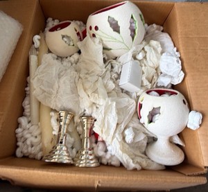 Vintage MCM Christmas Holly Candle Luminary Set  White & Red Holiday Decor