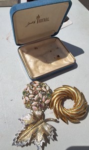 Lot of 2 Vintage Brooches - Gold-Tone Swirl & Floral Enamel - with Jean Pierre Box