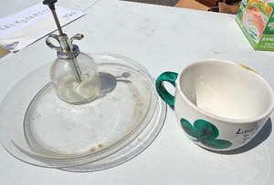 Vintage Household Dcor Lot  Glass Plant Mister, Clear Serving Tray & Irish Shamrock Mug