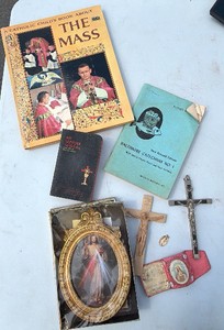 Vintage Catholic Religious Lot  Crucifixes, Divine Mercy Frame, Baltimore Catechism & Sunday Missal