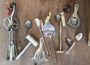 Vintage Kitchen & Bar Utensil Lot  Hand Mixers, Cocktail Strainer, jigger