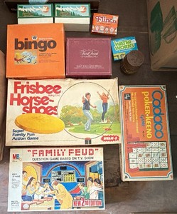 Vintage Family Game Night Lot - Family Feud, Bingo, Cadoo & Frisbee Horse-Shoes