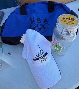 Olympic Memorabilia Lot  USA Duffel Bag, Beijing 2008 Hat & 1984 M&Ms Jar