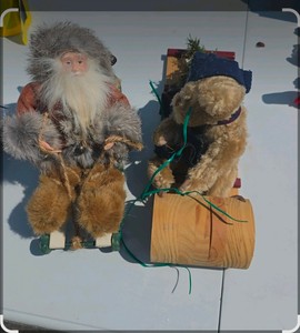 Lot of Vintage Christmas Decorations - Elm Ridge Village Building, Woodland Santa & Bear