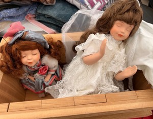 Lot of 2 Porcelain Sleeping Dolls and Doll Pillow