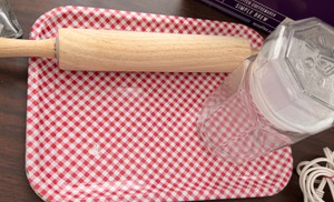 Checkered & Black Pans, Jar & Rolling pin.