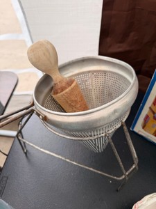 Vintage Aluminum Cone Colander Strainer with Stand & Wooden Pestle