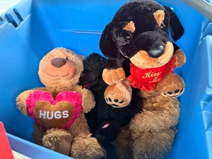 Lot of Stuffed Animals, Dog, Teddy, Gorilla (Some Valentines) & Bin