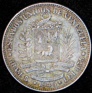 AU 1945 Venezuela Silver 1 Bolivar, Original Surfaces