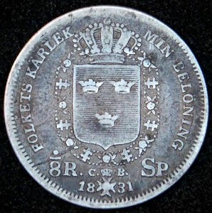 1831 Sweden Silver 18 Riksdaler Specie
