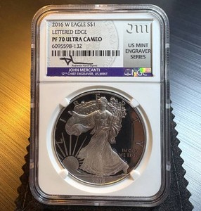 2016-W Lettered Edge 30th Anniv Silver Eagle, NGC PF70 Ultra Cam, Scarce Mercanti Mint Engraver Label, Top Pop 1 of 39
