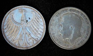 (2) Silver World Coins, 1924 UK Florin & 1964 Germany 5 Mark