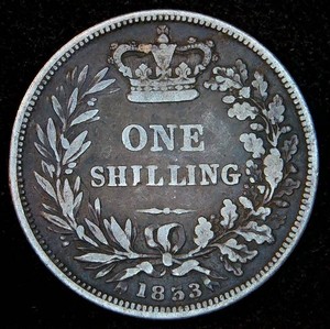 Scarce Date 1853 Great Britain Silver Victoria Young Head Shilling, Original Surfaces, FVF