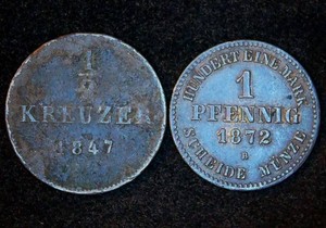 German States (2) Coin Lot, 1872 B Mecklenburg-Strelitz 1 Pfennig & 1847 12 Kreuzer