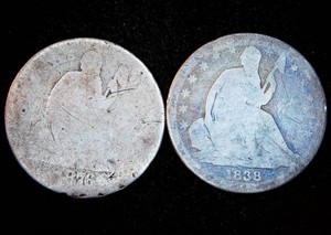 (2) Heavily Circulated Philly Seated Dimes, 1838 & 1876