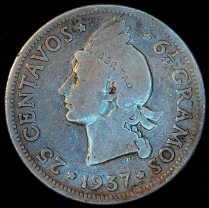1st YearKey Date 1937 Dominican Republic Silver 6 14 Gramos25 Centavos