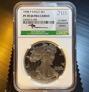 1998-P Silver Eagle, NGC PF70 Ultra Cam, Rare Mercanti Mint Engraver Label, Top Pop 1 of 29