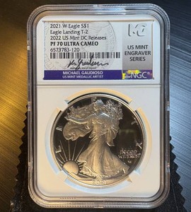 2021-W Type 2 Silver Eagle, NGC PF70 Ultra Cam, Gaudioso Mint Engraver Label, Top Pop 1 of 200