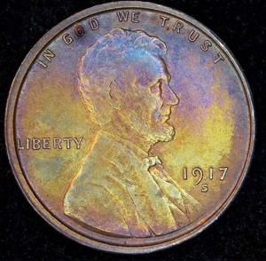 AUMS Semi Key 1917-S Lincoln Wheat Cent, Rainbow Toned, Poss RB, Excellent Luster