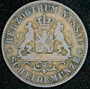 1859 Duchy of Nausau (German States) 1 Kreuzer Duke Adolph Lion Arms, VF
