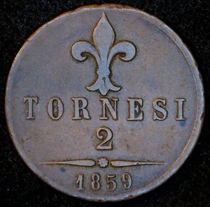 VFXF 1859 Kingdom of Two Sicilies (Italian States) 2 Tornesi, Single Year Mintage