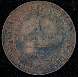1826 Italy Sardinia 1 Centesimo Carlo Felice Copper VF
