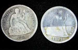 (2) Circulated Seated Liberty Dimes, 1861 P & 1875 S