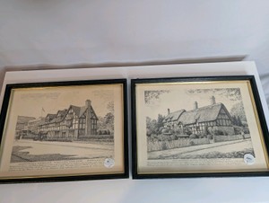 Vintage black and white prints, historical English landmarks, framed