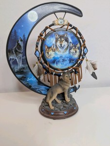 Dreams of the Spirit wolf art glow-in-the-dark crescent moon sculpture