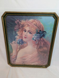 Vintage Victorian Lady Floral Print with Antique Green Frame