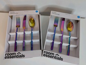 12-piece Room Essentials Annika Flatware Set, a vibrant iridescent rainbow finish
