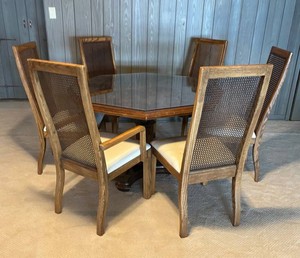 LLR - Vintage Burled Walnut Dining Table & 6 Chairs With Glass Top