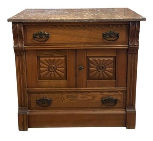 E - Antique Eastlake Victorian Oak Washstand Cabinet Marble Top