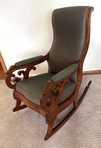 FR - Antique Victorian Mahogany Rocking Chair Olive Green Upholstery