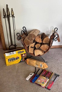 FR - Fireplace Tool Set, Log Holder, Fire Starters & Lighters Mixed Lot
