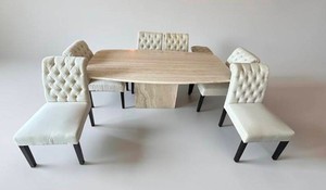 DR - Gorgeous Marble Pedestal Dining Table With 6 Tufted Chairs