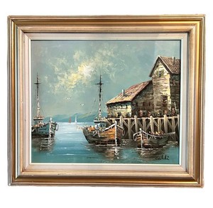 LR - Framed Vintage Impressionist Harbor Seascape Oil on Canvas