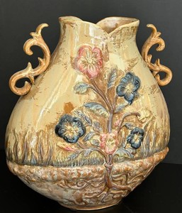 LR - Barbotine-Style Majolica Floral Ceramic Vase