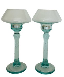 LR - Pair of Aqua Blue Glass Candle Holders