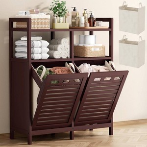$138 Homykic Tilt-Out Laundry Hamper, Bamboo Double with 2 Removable Baskets, 20 Gal, Espresso
